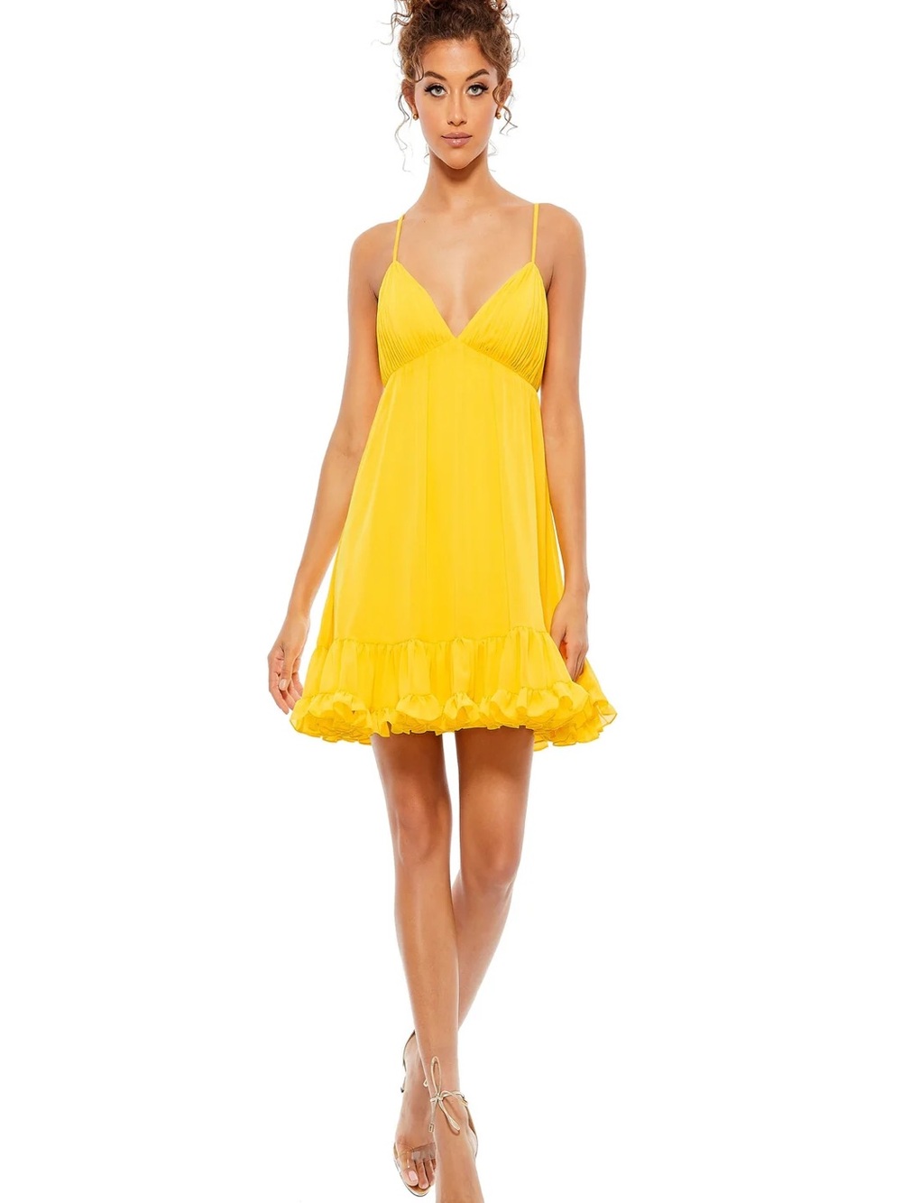 Mac Duggal Bright Yellow Spaghetti-Strap Ruffled Mini Dress